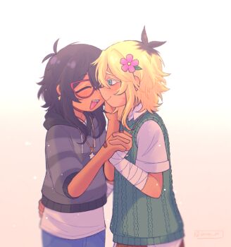 2girls alternate_skin_color antenna_hair bandaged_arm bandages basil_(faraway)_(omori) basil_(omori) black_hair blonde_hair blue_eyes blue_pants blush closed_eyes closed_mouth collared_shirt commentary dark-skinned_female dark-skinned_male dark_skin denim donuqx english_commentary flower freckles genderswap genderswap_(mtf) glasses gradient_background green_sweater_vest grey_hoodie hair_flower hair_ornament hood hood_down hoodie jeans jewelry looking_at_viewer medium_hair mincy_(omori) multicolored_hair multiple_girls necklace omori open_mouth pants red-framed_eyewear roots_(hair) shirt short_hair short_sleeves sidelocks smile star_(symbol) star_necklace striped_clothes striped_hoodie sweater_vest teeth tumblr_username upper_teeth_only white_shirt yuri