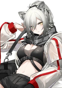 1girl animal_ear_fluff animal_ears arknights arm_up black_shorts breasts cleavage closed_mouth crop_top eyes_visible_through_hair grey_hair hair_over_one_eye highres jacket long_hair long_sleeves looking_at_viewer medium_breasts midriff navel open_clothes open_jacket paszuto schwarz_(arknights) shorts simple_background solo unzipped v-shaped_eyebrows white_background white_jacket yellow_eyes zipper