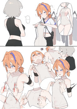 ... 1boy 1girl absurdres bare_arms black_nails blue_eyes blue_hair breasts bulge clenched_teeth closed_eyes closed_mouth covered_erect_nipples covered_navel crop_top cropped_arms disembodied_hand erection erection_under_clothes femdom grey_hair grey_sweater hair_between_eyes hetero highres lan_mao_akko medium_breasts multicolored_hair navel nipple_pull nipple_stimulation nipple_tweak nipples open_mouth orange_hair original shirt short_hair short_sleeves smile speech_bubble spoken_ellipsis squiggle streaked_hair sucking_male_nipple sweater teeth toothbrush trap white_shirt