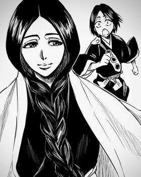 1boy 1girl bleach braid clenched_hands commentary_request haori highres japanese_clothes kudou_masashi lips long_hair monochrome open_mouth shihakusho single_braid smile taichou_haori unohana_retsu yamada_hanatarou