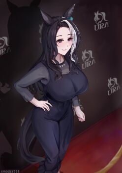 1girl animal_ears black_dress black_hair blush breasts cleavage closed_mouth dress highres horse_ears horse_girl horse_tail jewelry large_breasts long_hair long_sleeves mejiro_ramonu_(umamusume) mole mole_under_eye multicolored_hair necklace pearl_necklace purple_eyes red_carpet smile smodzz998 solo streaked_hair tail umamusume white_hair