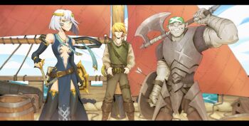 absurdres armor bandana blonde_hair blue_eyes blunt_bangs boat brown_eyes captain_gnish fantasy freyja_weiss grey_eyes gull_nullminar half-elf half-orc highres ohmsart watercraft white_hair