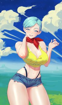 1girl :d aqua_hair arm_behind_head artist_name bare_shoulders black_panties blue_eyes breasts bulma cleavage cloud commentary cowboy_shot curvy cutoffs denim dragon_ball dragon_ball_super earrings english_commentary gabriel_carrasquillo hand_up highleg highleg_panties highres jewelry large_breasts looking_at_viewer midriff nail_polish navel open_mouth panties purple_nails red_scarf scarf shiny_skin short_hair short_shorts shorts skindentation sky smile solo swept_bangs teeth thick_thighs thighs underwear wide_hips yellow_crop_top