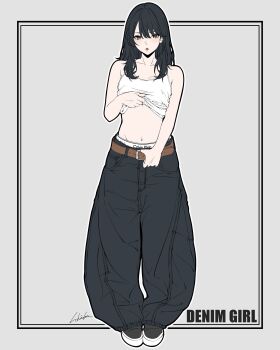 1girl baggy_pants bambi_surprise black_eyes black_hair black_pants black_shoes calvin_klein commentary english_commentary highres lifting_own_clothes looking_at_viewer medium_hair navel original pants shoes signature solo stomach tank_top white_tank_top