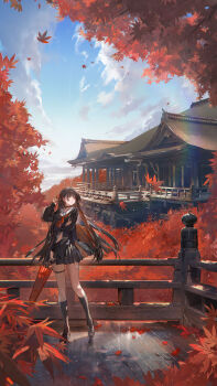 1girl absurdres ame_jang arm_cutout black_choker black_hair black_jacket black_serafuku black_shirt black_skirt chisa_(wuthering_waves) choker closed_mouth closed_umbrella clothing_cutout commentary_request hair_ribbon hand_up highres holding holding_umbrella jacket kiyomizu-dera kyoto leaf long_hair long_sleeves neckerchief official_art oil-paper_umbrella orange_eyes real_world_location red_neckerchief red_ribbon ribbon sailor_collar school_uniform serafuku shirt skirt solo thigh_strap umbrella very_long_hair white_sailor_collar wind wuthering_waves