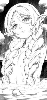 Rule 34 | 1girl, braid, closed mouth, elf, flat chest, frieren, greyscale, hair over shoulder, halftone, head tilt, highres, ireading, light frown, long hair, long pointy ears, looking at viewer, low twin braids, monochrome, onsen, parted bangs, partially submerged, pointy ears, short eyebrows, solo, sousou no frieren, steam, thick eyebrows, twin braids, water, water drop, wet, wet hair