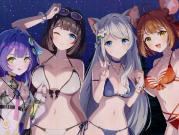 animal_ears animated animated_gif bikini blue_eyes brown_hair eversoul game_cg green_eyes long_hair mica_(eversoul) naomi_(eversoul) non-web_source official_art onyx_(eversoul) open_mouth purple_hair seeha_(eversoul) shooting_star swimsuit white_hair yellow_eyes
