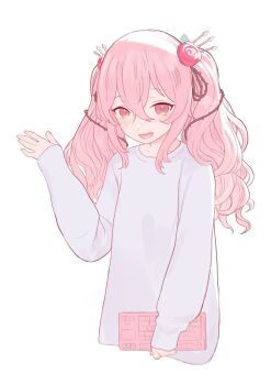 1girl alternate_hairstyle commentary english_commentary flower hair_between_eyes hair_flower hair_ornament highres holding_computer_keyboard computer_keyboard looking_at_viewer nijisanji nijisanji_en open_mouth pink_eyes plant pumpkinspicelatte red_flower red_rose rose rosemi_lovelock simple_background smile solo sweater thorns twintails vines virtual_youtuber waving white_background white_sweater