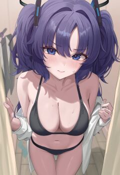 1girl absurdres bare_shoulders bikini black_bikini black_halo blue_archive blue_eyes blue_hair blush breasts cleavage closed_mouth collarbone commentary fitting_room foreshortening hair_intakes hair_ornament halo halterneck hashtag-only_commentary highres large_breasts long_hair looking_at_viewer off_shoulder open_clothes open_shirt rianya07 shirt solo string_bikini sweat swimsuit triangle_hair_ornament trying_on_clothes two_side_up white_shirt yuuka_(blue_archive)
