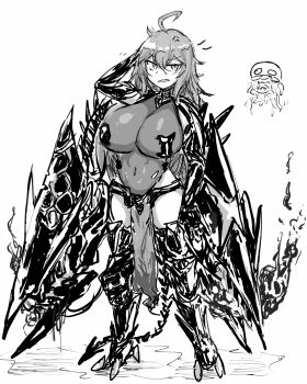 Rule 34 | 2girls, ahoge, anger vein, arm armor, arm behind head, armor, armored leotard, bodystocking, boobplate, breastplate, breasts, chibi, chibi inset, cleavage, covered navel, geist43195783, goddess of victory: nikke, greyscale, hair between eyes, hair intakes, highres, huge breasts, leg armor, leotard, liberalio (nikke), long hair, mechanical tail, monochrome, multiple girls, nihilister (nikke), see-through clothes, see-through cleavage, sharp teeth, sidelocks, sketch, tail, teeth, torn bodystocking, torn clothes