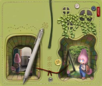 1girl animal_ears backpack bag blue_eyes blue_overalls bookmark brown_bag brown_shoes button_eyes buttons cat_ears cat_girl cat_tail character_doll choco_(nekoita) closed_mouth commentary_request cup doll highres multiple_views nekoita original overalls pen pink_hair plant prison_clothes red_ribbon ribbon round_window shirt shoes short_hair smartphone_case solid_oval_eyes standing striped_clothes striped_shirt tail tree vines window