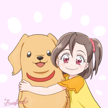 1girl :3 :d animal arms_around_neck artist_name black_eyes blouse blush brown_fur brown_hair child closed_mouth commentary dog dot_nose fuefukipiper hair_between_eyes hair_ornament hair_scrunchie highres holding holding_animal holding_dog hug kimi_to_idol_precure kyuutarou_(precure) light_blush looking_at_viewer medium_hair one_side_up open_mouth pet pink_background pink_scrunchie precure red_eyes sakura_hamori scrunchie shirt short_sleeves signature simple_background smile upper_body yellow_shirt