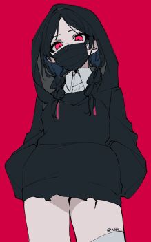 1girl black_hair black_hoodie black_mask braid commentary_request cowboy_shot drawstring fate/grand_order fate_(series) flat_color forehead from_below hands_in_pockets highres hood hood_up hoodie long_hair looking_at_viewer looking_down mask middle_part mouth_mask no_name_assassin_(fate) parted_bangs red_background red_eyes simple_background solo standing surgical_mask tadare_hito thighhighs torn_clothes torn_hoodie twin_braids white_thighhighs wing_collar