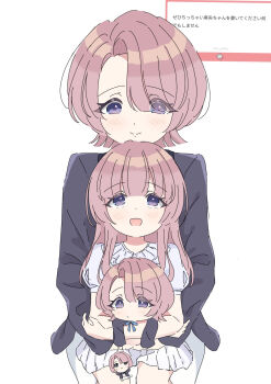 4girls aged_down arimura_mao asymmetrical_bangs black_jacket blunt_ends blush chibi chibigurumi commentary_request dress gakuen_idolmaster hatsuboshi_gakuen_school_uniform highres hug hug_from_behind idolmaster jacket marshmallow_(site) multiple_girls multiple_persona pants pink_hair purple_eyes request_inset school_uniform simple_background smile translation_request white_background white_dress white_pants yakoyakoyagen