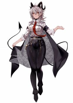 1girl ahoge arm_pouch armband black_armband black_horns black_jacket black_pants black_tail breasts chest_harness closed_mouth collared_shirt commentary_request curled_horns demon_tail full_body grey_hair hair_between_eyes hand_up harness high-waist_pants highres horns jacket jacket_on_shoulders large_breasts long_hair looking_at_viewer necktie pants partial_commentary quanshikm red_eyes red_necktie shirt shirt_tucked_in simple_background solo tail white_background white_shirt wuthering_waves zani_(wuthering_waves)