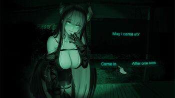 1girl absurdres asymmetrical_horns bare_shoulders breasts cleavage copyright_name cowboy_shot cursor green_theme highres hololive hololive_english horns large_breasts lazik_1337 mole mole_under_eye monochrome nerissa_ravencroft nerissa_ravencroft_(1st_costume) solo uneven_horns virtual_youtuber