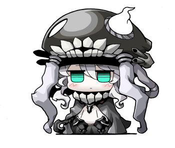 1girl abyssal_ship aqua_eyes black_hat blush cane cape chibi closed_mouth commentary_request grey_cape hair_between_eyes hat holding holding_cane kantai_collection pale_skin simple_background solo standing tentacles white_background white_hair wo-class_aircraft_carrier yagumo_kengou