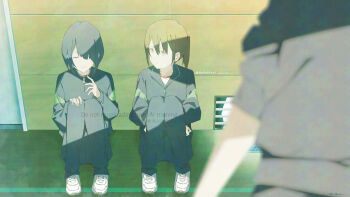 1boy 1girl 1other absurdres adversarial_noise black_hair black_jacket black_pants brown_eyes commentary_request dated door film_grain full_body hair_between_eyes hair_over_one_eye highres indoors jacket knees_up looking_at_another medium_hair mixed-language_text on_floor original pants ponytail sankakkee shirt shoes sidelocks sitting twitter_username watermark white_shirt white_shoes