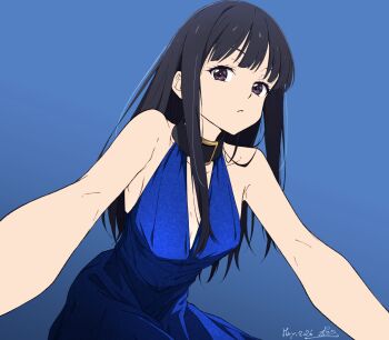 1girl black_hair blue_background blue_collar blue_dress breasts cleavage collar commentary_request dated dress gradient_background highres inoue_takina long_hair lycoris_recoil nii_manabu purple_eyes signature sleeveless sleeveless_dress small_breasts solo