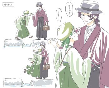1boy 1girl beads beret black_pants braid briefcase chinese_clothes clothes_grab dangomochi2 freckles full_body green_hair green_hat green_shirt green_skirt hair_beads hair_ornament hat highres holding holding_briefcase holding_hands jinshi_(kusuriya_no_hitorigoto) kusuriya_no_hitorigoto long_hair maomao_(kusuriya_no_hitorigoto) mary_janes multiple_views pants parted_bangs parted_lips purple_eyes purple_hair purple_shirt shirt shirt_grab shoes single_braid skirt sweatdrop upper_body white_background