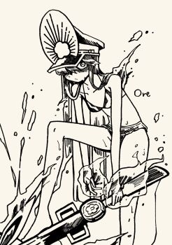 1girl artist_name bikini black_bikini black_hair breasts cleavage fate/grand_order fate_(series) fire goma1021 greyscale hat highres long_hair looking_at_viewer monochrome oda_nobunaga_(fate) oda_nobunaga_(swimsuit_berserker)_(second_ascension)_(fate) oversized_object peaked_cap shaded_face solo swimsuit very_long_hair weaponized_instrument white_background