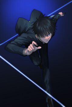 Rule 34 | 1boy, absurdres, ahoge, black hair, blue eyes, brown shoes, commentary request, fighting stance, floating clothes, floating hair, folding knife, hair over one eye, highres, holding, holding knife, holding weapon, imminent attack, knife, male focus, mystic eyes of death perception, nanatsu-yoru, qingtianmian, reverse grip, running towards viewer, school uniform, shirt, shoes, slashing, solo, souya high school uniform, switchblade, tohno shiki, tsukihime, tsukihime (remake), weapon, white shirt