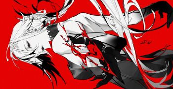 1girl arlecchino_(genshin_impact) backless_dress backless_outfit black_dress black_eyes black_hands black_lips blood closed_mouth colored_extremities commentary dated deciqm dress english_commentary fingernails genshin_impact halterneck highres long_hair looking_at_viewer outstretched_hand red_background red_pupils sharp_fingernails simple_background solo symbol-shaped_pupils x-shaped_pupils