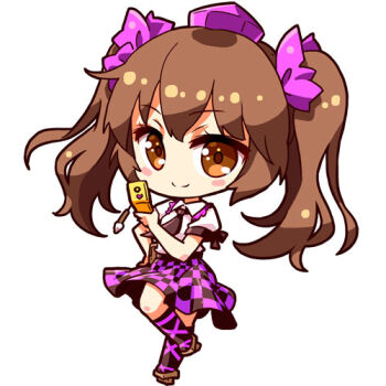 Rule 34 | 1girl, black necktie, black socks, blush stickers, bow, brown eyes, brown hair, cellphone, checkered clothes, checkered skirt, chibi, commentary, cross-laced clothes, cross-laced legwear, flip phone, frilled shirt collar, frills, full body, geta, hair bow, hat, himekaidou hatate, looking at viewer, lowres, necktie, phone, puffy short sleeves, puffy sleeves, purple bow, purple hat, purple ribbon, purple skirt, renren (ah renren), revision, ribbon, shirt, short sleeves, skirt, smile, socks, solo, standing, standing on one leg, tengu-geta, tokin hat, touhou, twintails, white shirt