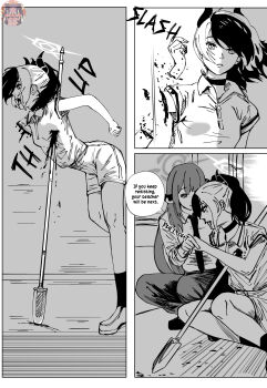 2girls absurdres aru_(blue_archive) blood blue_archive breasts chainsaw_man choker commentary cosplay english_commentary english_text formal_clothes grenade_pin greyscale halo highres horns impaled kayoko_(blue_archive) makima_(chainsaw_man) makima_(chainsaw_man)_(cosplay) monochrome multiple_girls necktie pant_suit pants polearm polo_shirt reze_(chainsaw_man) reze_(chainsaw_man)_(cosplay) scene_reference severed_arm severed_limb small_breasts spear speech_bubble suit thanh_thanh weapon