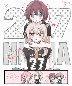 Rule 34 | 4girls, absurdres, bang dream!, bang dream! it's mygo!!!!!, black shirt, black sweater vest, blush, brown eyes, brown hair, cellphone, chihaya anon, commentary, crossover, earphones, genre connection, girls band cry, grey eyes, grey hair, hamchan69, highres, holding, holding phone, hug, hug from behind, iseri nina, kawaragi momoka, long hair, low twintails, multicolored hair, multiple girls, number pun, open mouth, outline, phone, pink hair, roots (hair), shirt, short hair, short sleeves, short twintails, smartphone, sweater vest, takamatsu tomori, twintails, white outline, yuri