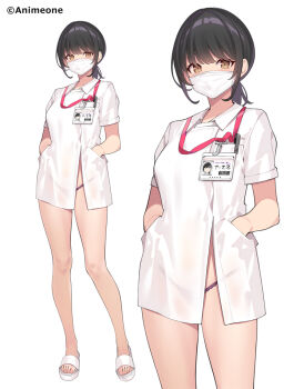 1girl black_hair blush breasts brown_eyes commentary_request full_body hands_in_pockets id_card looking_at_viewer low_ponytail mask mouth_mask multiple_views no_pants nurse original panties parted_lips ponytail popqn purple_panties shirt short_ponytail simple_background slippers standing surgical_mask thighhighs underwear white_background white_shirt