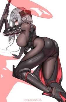 1girl all_fours armor armored_bodysuit ass black_bodysuit bodysuit breasts ekuskarma from_behind goddess_of_victory:_nikke grey_bodysuit grey_hair halo headgear high_heels highres holding holding_sword holding_weapon japanese_armor large_breasts long_hair looking_at_viewer looking_back official_alternate_costume red_eyes scarlet_(black_shadow)_(nikke) scarlet_(nikke) see-through_clothes shoulder_armor sideboob sode solo sword weapon