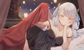 1girl absurdres babydoll bed bed_invitation bed_sheet black_babydoll blanket breasts chin_rest cleavage closed_mouth colored_eyelashes elbow_rest hair_rings hand_on_own_cheek hand_on_own_face head_on_hand head_on_head head_rest highres indoors jinhsi_(wuthering_waves) lifting_covers lingerie long_hair looking_at_viewer lying medium_breasts mole mole_on_cheek mole_on_thigh neps-l on_bed on_side pillow pov_across_bed sleepwear smile solo strap_slip twintails under_covers underwear very_long_hair white_eyelashes white_eyes white_hair wuthering_waves