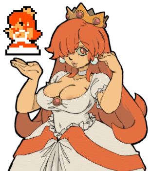 1girl alternate_color ball_gown breasts cleavage crown dress earrings hair_over_one_eye hands_up highres jewelry large_breasts long_hair mario_(series) nintendo no_bra orange_eyes orange_hair pantsu-ripper parted_lips pink_lips princess_peach pursed_lips reference_inset simple_background solo super_mario_bros._1 tan white_background white_dress