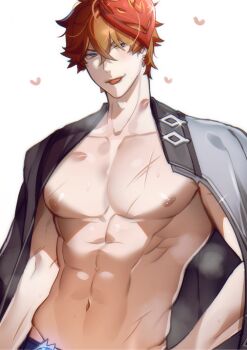 1boy abs adam&#039;s_apple bara bare_pectorals blue_eyes chariko collarbone crossed_bangs earrings genshin_impact glint heart hickey highres jacket jacket_on_shoulders jewelry large_pectorals looking_at_viewer male_focus muscular navel nipple_piercing nipples orange_hair pectorals piercing scar_on_pecs simple_background solo tartaglia_(genshin_impact) tongue tongue_out upper_body white_background