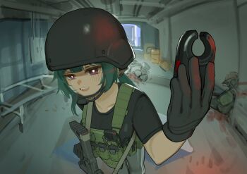 1girl 2others aqua_hair bandage_on_face bandages baseball_cap black_gloves black_shirt blood breasts bulletproof_vest collarbone combat_helmet ear_protection escape_from_tarkov fisheye gloves grey_pants gun_sling hand_up hat headset helmet highres indoors kalashnikov_rifle large_breasts long_hair looking_at_viewer magazine_(weapon) multiple_others open_mouth optical_sight original pants ponytail purple_eyes shirt short_sleeves smile trigger_discipline xerbatt
