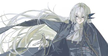 1boy argalia_(project_moon) ascot black_coat blue_coat blue_eyes blue_jacket butterfly_hair_ornament coat coat_on_shoulders feather_hair_ornament feathers gloves hair_between_eyes hair_ornament highres jacket library_of_ruina long_hair long_sleeves looking_to_the_side male_focus project_moon shirt simple_background smile solo upper_body usnorway_goa very_long_hair white_ascot white_background white_gloves white_hair