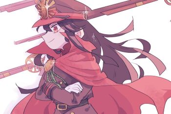 1girl black_hair cape commentary crossed_arms fate/grand_order fate_(series) glint gloves gun hat military_hat military_uniform mutsuki_(mutuki05) oda_nobunaga_(fate) oda_nobunaga_(koha-ace) profile red_cape red_eyes rifle smile solo upper_body weapon white_gloves