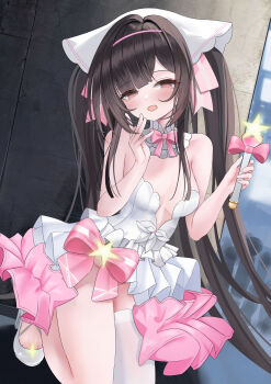 1girl absurdres azur_lane black_hair breasts chang_feng_(azur_lane) changgong8745 detached_collar dress frills headscarf highres kneeling long_hair looking_at_viewer medium_breasts open_mouth red_eyes smile solo very_long_hair wand white_dress white_headscarf