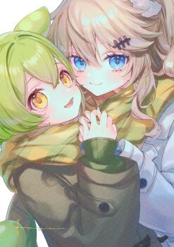 2girls :d absurdres blue_eyes blue_nails blush brown_hair brown_jacket closed_mouth commentary_request fingernails fuyu_(xxfylia) green_hair hair_between_eyes hair_ornament highres jacket kasukabe_tsumugi long_fingernails long_sleeves looking_at_viewer multiple_girls nail_polish one_side_up open_mouth plaid_clothes plaid_scarf puffy_long_sleeves puffy_sleeves scarf simple_background sleeves_past_wrists smile upper_body voicevox white_background white_jacket yellow_eyes yellow_scarf zundamon