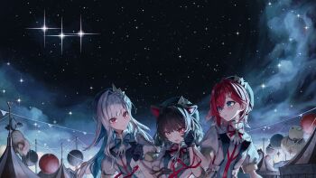 Rule 34 | 3girls, :d, absurdres, ange katrina, animal ears, banken (inui toko), beret, black gloves, black hat, blue hair, blue ribbon, blush, braid, brown hair, character balloon, closed mouth, cloud, colored inner hair, commentary request, contrast lapels, crossed bangs, crown hat ornament, dog ears, dog girl, fangs, gloves, hair between eyes, hair intakes, hair ornament, hand up, hands up, hat, heterochromia, highres, holding hands, inui toko, jacket, lapels, lize helesta, long hair, looking ahead, looking at another, looking to the side, mandragora (ange katrina), medium hair, million mandala, multicolored hair, multiple girls, neck ribbon, night, nijisanji, open mouth, puffy short sleeves, puffy sleeves, purple eyes, red eyes, red hair, red ribbon, ribbon, sanbaka (nijisanji), sanbaka anniversary outfit, sebastian piyodore, short sleeves, single hair intake, single wrist cuff, sky, smile, star (sky), starry sky, streaked hair, triangle hair ornament, two-tone hair, virtual youtuber, white hair, white jacket, white wrist cuffs, wrist cuffs, wrist ribbon, yellow eyes