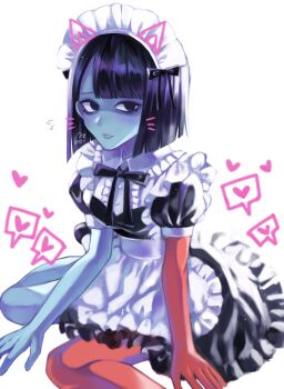1girl apron black_hair blue_blush blue_skin blunt_bangs blunt_ends blush bob_cut colored_skin dress ena:_dream_bbq ena_(dream_bbq) ena_(series) ena_(species) hangover_ena highres maid maid_apron maid_headdress multicolored_skin red_skin short_sleeves simple_background sitting solo two-tone_skin usagimarumei wariza