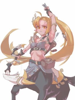 1girl absurdres ahoge arm_support arm_up armpits arrow_(projectile) bandeau bare_shoulders black_bridal_gauntlets blonde_hair bow_(weapon) breasts bridal_gauntlets centaur chinese_commentary cleavage collarbone commentary_request covered_erect_nipples floating_hair grey_bandeau hair_between_eyes highres holding holding_arrow holding_bow_(weapon) holding_weapon horse_tail joegaimo long_hair looking_at_viewer medium_breasts midriff monster_girl multiple_legs navel original parted_bangs parted_lips partial_commentary ponytail quiver saddle sidelocks simple_background single_shoulder_pad solo standing standing_on_three_legs sweat tail taur very_long_hair waist_bag waist_cape weapon white_background yellow_eyes