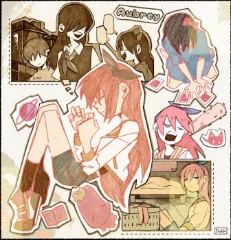 1boy 2girls aged_down antenna_hair aubrey_(faraway)_(omori) aubrey_(omori) baseball_bat black_hair black_socks blank_speech_bubble blue_eyes blue_hairband blue_shirt blue_skirt blush bow brother_and_sister character_name collared_shirt dabi000 denim denim_skirt double-parted_bangs hair_between_eyes hair_bow hair_over_eyes hairband highres holding holding_baseball_bat jacket kneeling laundry_basket long_hair long_shirt long_sleeves looking_at_another mari_(faraway)_(omori) mari_(omori) mewo mr._plantegg_(omori) multiple_girls nail_(hardware) nail_bat neckerchief omori open_mouth photo_(object) pink_bow shirt shoes short_hair short_sleeves siblings skirt smile sneakers socks speech_bubble stuffed_eggplant sunny_(omori) sweater_vest t-shirt teeth upper_teeth_only white_jacket