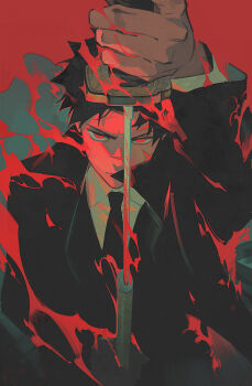 1boy black_coat black_hair black_necktie burning coat collared_shirt commentary dress_shirt enten_(sword) fire formal_clothes highres holding holding_sheath holding_sword holding_weapon iaidou kagurabachi looking_at_viewer male_focus necktie red_background red_eyes red_theme rokuhira_chihiro sheath shirt short_hair solo spiked_hair straight-on suit sword unsheathing upper_body vest waistcoat weapon yunkai