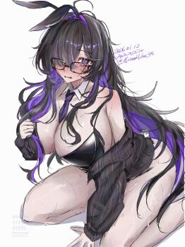 1girl absurdres animal_ears bare_shoulders between_breasts black-framed_eyewear black_cardigan black_hair black_leotard blush breasts cardigan cleavage colored_inner_hair commentary_request detached_collar fake_animal_ears fake_tail glasses goddess_of_victory:_nikke hair_over_one_eye highres label_(nikke) large_breasts leotard long_hair looking_at_viewer miumiumi_99 mole mole_on_breast multicolored_hair necktie necktie_between_breasts one_eye_covered open_cardigan open_clothes open_mouth playboy_bunny purple_eyes purple_hair purple_necktie rabbit_ears rabbit_tail seiza simple_background sitting solo sweat tail very_long_hair
