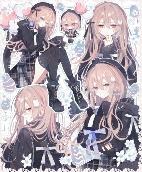 1girl absurdres balloon black_boots black_shirt black_thighhighs blue_bow boots bow brown_hair closed_mouth flower hair_between_eyes hair_ornament highres knees_up long_hair looking_at_viewer original pink_eyes plaid_clothes plaid_skirt rabbit_hair_ornament shirt skirt sleeves_past_fingers sleeves_past_wrists thighhighs white_flower yakinikusakoku