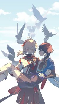 2boys ahoge animal bird blue_eyes carrying closed_eyes closed_mouth cloud genshin_impact highres hishimisan kaedehara_kazuha long_sleeves looking_at_another multiple_boys princess_carry scaramouche_(genshin_impact) shorts vision_(genshin_impact) wanderer_(genshin_impact) white_hair