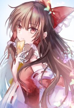 1girl ascot bad_anatomy bad_hands bow brown_eyes brown_hair closed_mouth commentary_request detached_sleeves frilled_bow frilled_hair_tubes frills hair_bow hair_tubes hakurei_reimu holding holding_ofuda kazu_(muchuukai) long_hair looking_at_viewer ofuda red_bow ribbon-trimmed_sleeves ribbon_trim smile solo touhou yellow_ascot