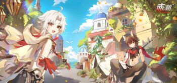 3boys animal_ears artist_request barefoot bird blue_sky closed_mouth cloud colored_tips commentary_request copyright_logo copyright_name cross_scar fingerless_gloves from_behind gloves head_wings highres holding holding_polearm holding_staff holding_weapon logo looking_at_viewer looking_back male_focus mixed-language_commentary multicolored_hair multiple_boys official_art open_mouth polearm profile red_gloves sacador_(zeroera) scar scar_across_eye scar_on_face scar_on_stomach sitting sky staff tail tyr_(zeroera) weapon wings zero_(zeroera) zeroera